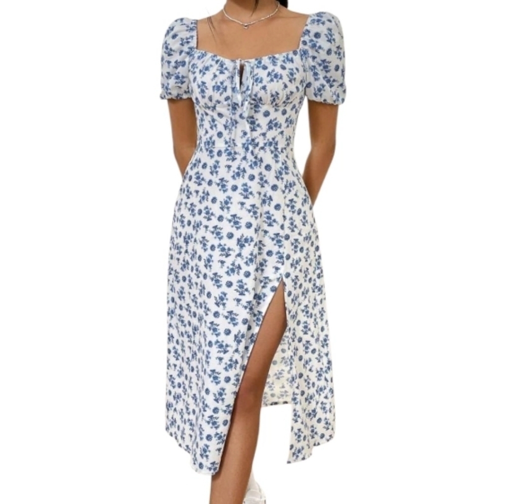 Shein Women Blue And White Floral Fit And Flare Dress Size Medium